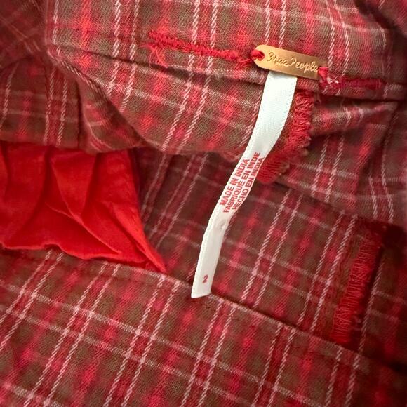 Free People Women's Sofia Wide Flare Pants Stretch High Rise Red Brown Plaid 2 - Picture 9 of 11